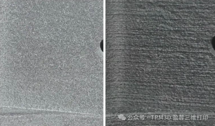 CO2激光器(左)與光纖激光器(右)打印相同零件的側壁效果對比參考